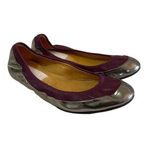Lanvin Paris Size 37 US 5 Purple Metallic Silver Leather Ballet Flats